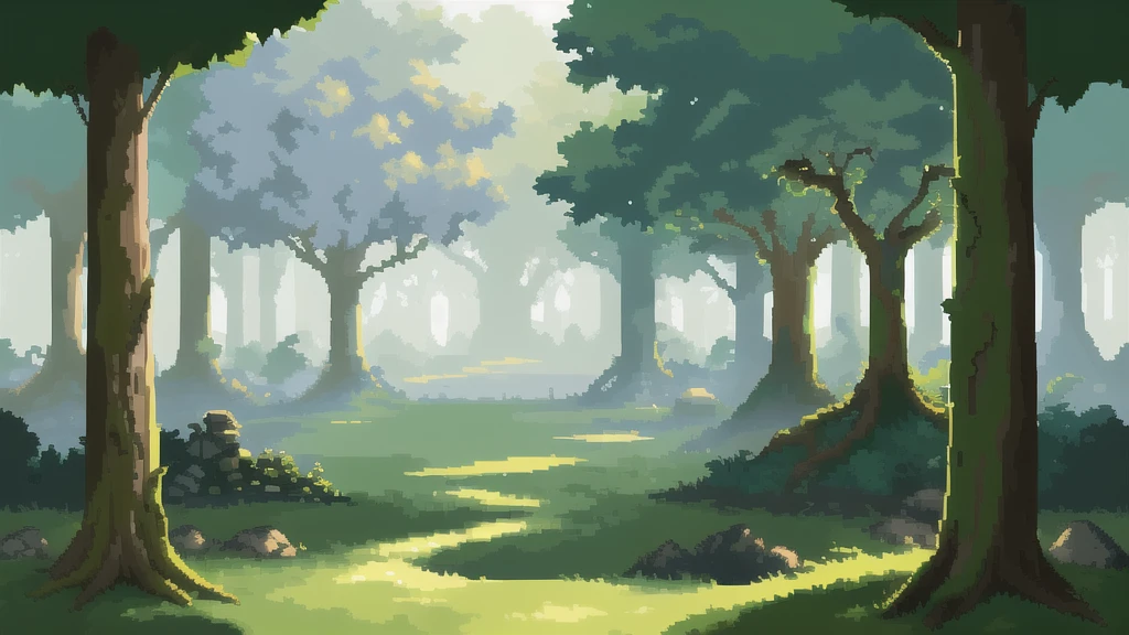 (top quality, high quality, highly detailed, masterpiece), pixel art background of ancient jungle ruins for a 2D game. The scene should feature crumbling stone structures covered in pixelated vines and moss, with glowing runes carved into the pixel stones. Surround the ruins with tall, pixelated trees, their branches forming a dense canopy above. Add small pixel animations like drifting leaves, soft light filtering through the pixel trees, and gentle movements of the pixel vines. The atmosphere should evoke a sense of ancient mystery and forgotten history, with muted pixelated greens, stone grays, and faint glowing accents.