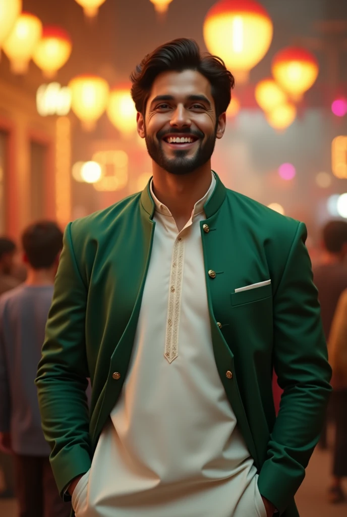 a handsome beautifull pakistani man,He is dressed in a outfit of white kurta shalwar and green coat or jacket
, embodying the essence of "Jash e Azadi." The background with blur lights and celebrations representing the festive spirit of independence. ..