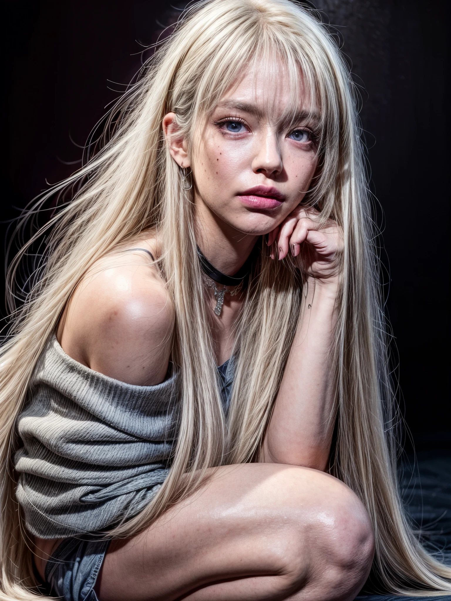 1girl, alone, solitary, high quality, (best quality,4k,8k,highres,masterpiece:1.2),ultra-detailed,(realistic,photorealistic,photo-realistic:1.37),gorgeous hair,white hair, white long straight hair with bangs,y eyes,mole on the cheek,plump lips,jewelry,(high detailed skin:1.4),(rim lighting:1.3),(lit:1.3),(sunny day:1.3),portrait,beautiful lips,waist-length hair,seductive gaze,moles,casual clothes,colorful clothing,close up,really long hair,choker necklace,tattoos,tattooed,light eyes,bangs,fringe,20 year old,dimples on the cheeks,dimples,platinum hair,platinum blonde, fullbody inframe,