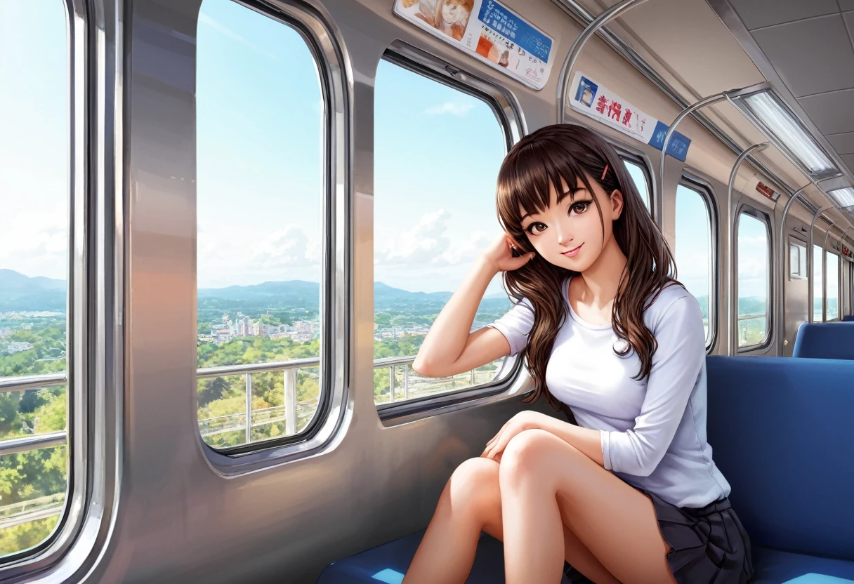 Anime girl sitting on a train looking out the window, Beautiful anime portraits, Portrait of Rofi at a window, Beautiful Anime Girls, Portrait of Rofi, LOFI Girl, Anime Girl Portrait, Gweiz-style artwork, High-quality portraits, As the sun sets, Attractive anime girl, Cute Anime Girl, Realistic cute girl drawing, Anime Style. 8k