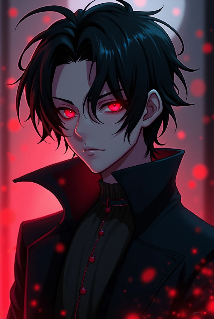 Yves the priest of darkness, very handsome, 20 years old, anime, red eyes and a little sadistic and with hair blacker than the night