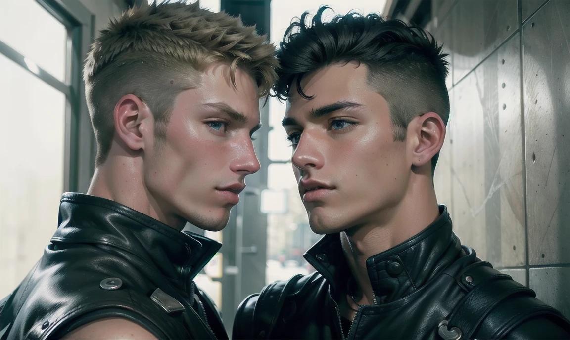 [((highly detailed, detailed eyes, detailed face, clear and realistic facial features, photorealistic, realistic light; cinematic)), Austin is an handsome masculine intimidating 18-year-old Puerto Rican punk with blue-green eyes who wears a tough leather outfit and has hair that is shaved at the sides and tinted red on top, James is a sexy masculine confident 18-year-old Caucasian jock with brown eyes who wears a varsity jacket and has blond hair in an undercut, Austin and James stand in a school hallway leaning in and looking at each other with tension between them, ((looking at each other))]