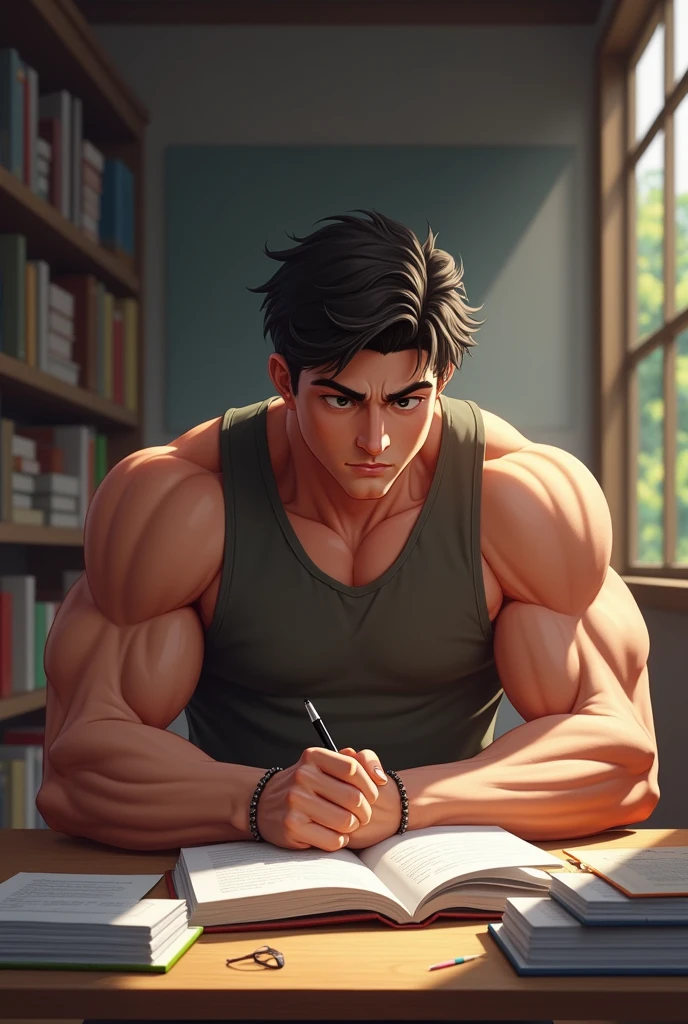 A muscular male student studying