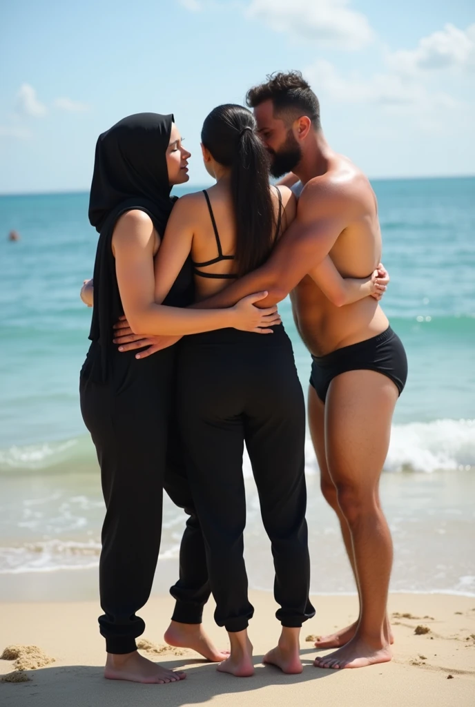 with black headscarf, barefoot, 2 women in black sweatpants, Two men with no pants and no underwear hugging each other on the beach