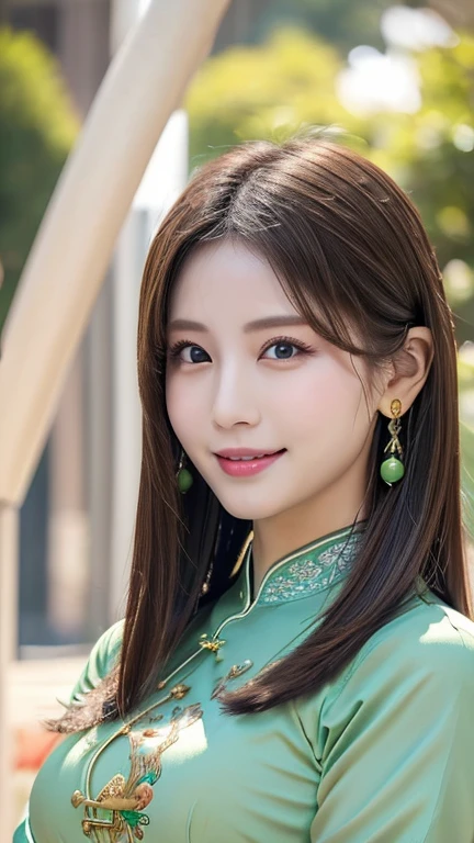 ((Highest quality、8k、masterpiece:1.3))、Ultra HD、Detailed Background、(market)、((Green Ao Dai:1.******ung Japanese woman、(Anatomically correct body)、（Perfect Body Beauty:1.3）、(Highly detailed beautiful face、Beautiful skin texture)、Correct finger、Captivating smile、Looking into the camera,(Right Eyes、Beautiful Eyes)、double eyelid、(Huge breasts)、Beautiful curves、Beautiful long legs,Earrings