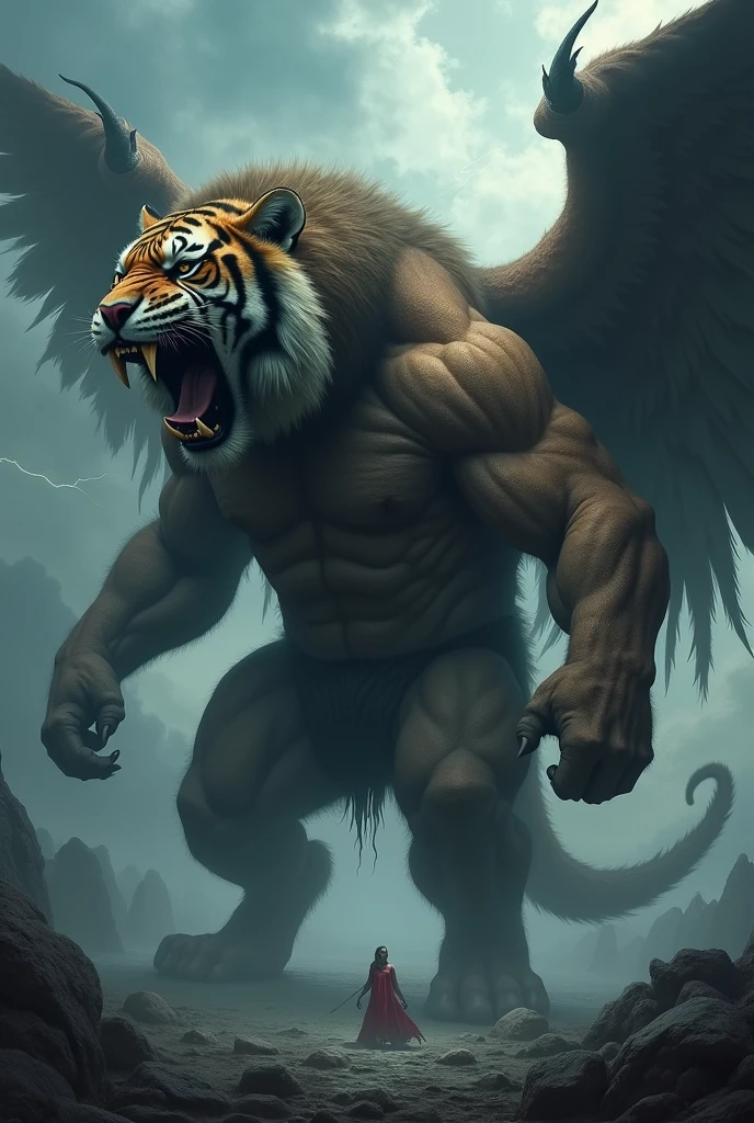 Gigantic dangerous and mythical cross between a muscular man ,tiger and a lion with wings and big fangs SCARY BACKGROUND 
