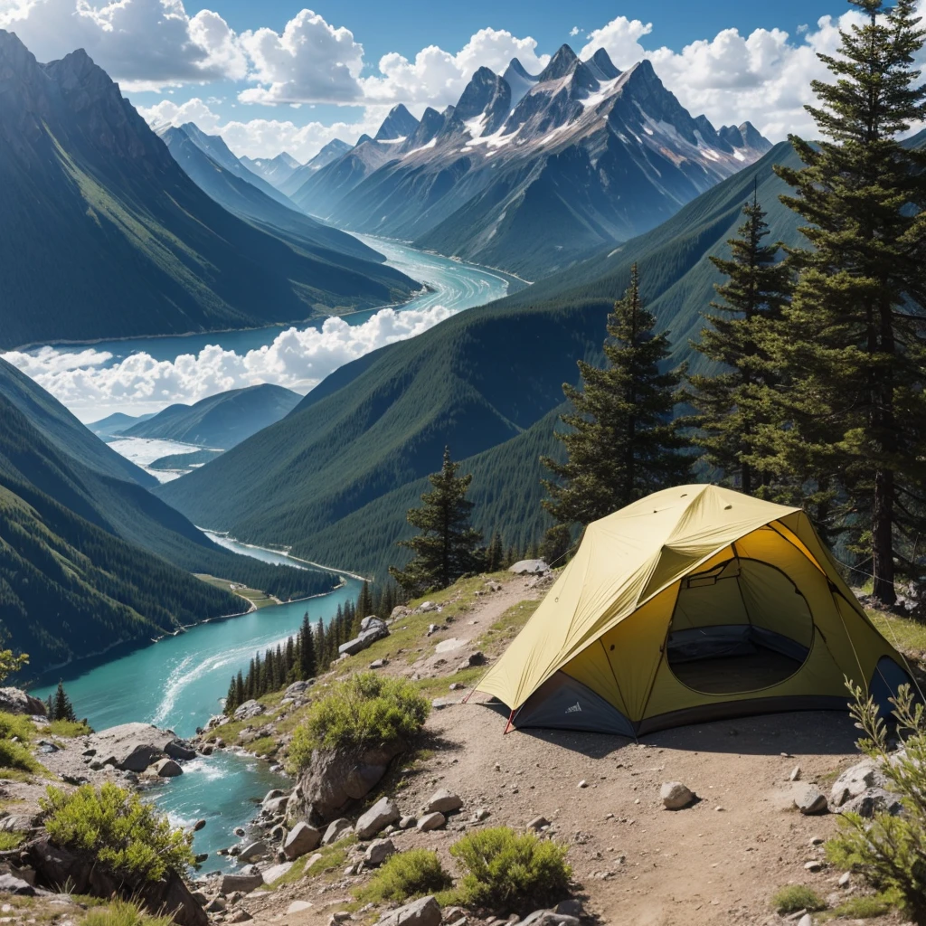 Rat close up, backpack, tourist equipment, tent, Mountain landscape, trees, mountain river, clouds, sparse mountain vegetation
