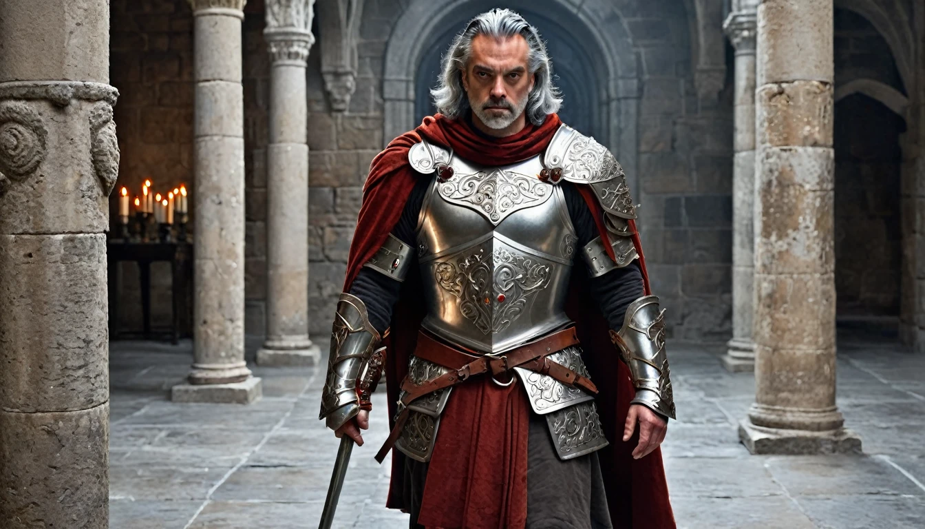 ((masterpiece, The silver armor is intricately decorated and not intended for combat.,Gorgeous filigree armor, Detailed fantasy armor)), Inside a stone building, Stone slabs scattered on the floor, A muscular man in armor walking towards the front, dim, Gray Hair, Candles along the walls light up the room., He holds a large, twisted, dark red rapier in his hand., Wearing a dirty cloak, Under his armor he wears a dirty dark red loincloth.、The front is empty,There are three small orange gems lined up on the chest., White metal decoration on shoulder