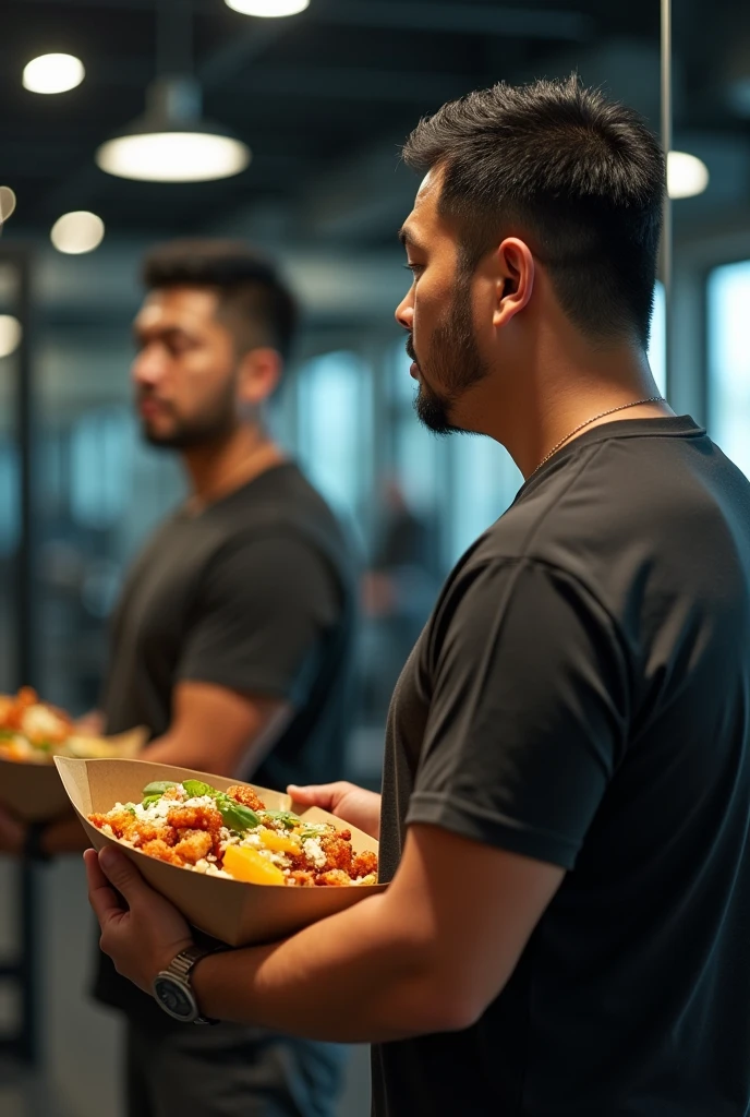 fat asian guy in the gym, eating keto food, he saw the mirror, in the mirror he saw the future of himself slim and healthy, keto food, detox juice, the food is in the brown paper bowl, delivery food