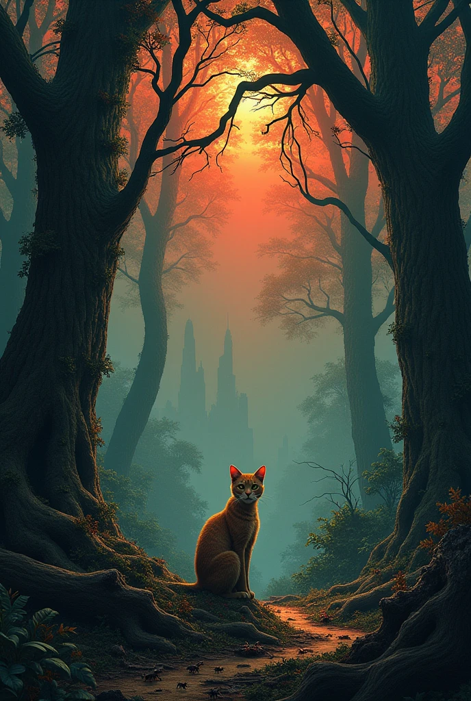 Dense forest, bigest trees, many branches hanging from the trees, broken branches on the ground, scattered leaves, insects are crawling on the ground, the sky is turning from red to black, a cat is sitting in front of the tree,make real.