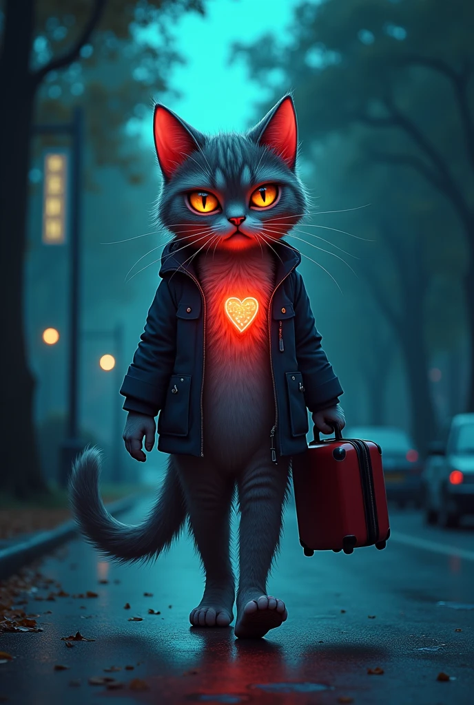 “Create an image of an anthropomorphic feline character, a cat with tears in its eyes, water from its eyes, gelatin stains on its chest, emotion feeling sad, very sad, holding its suitcase full of things, walking alone on the street, trees In low light Around him, the cat has a neon light effect.