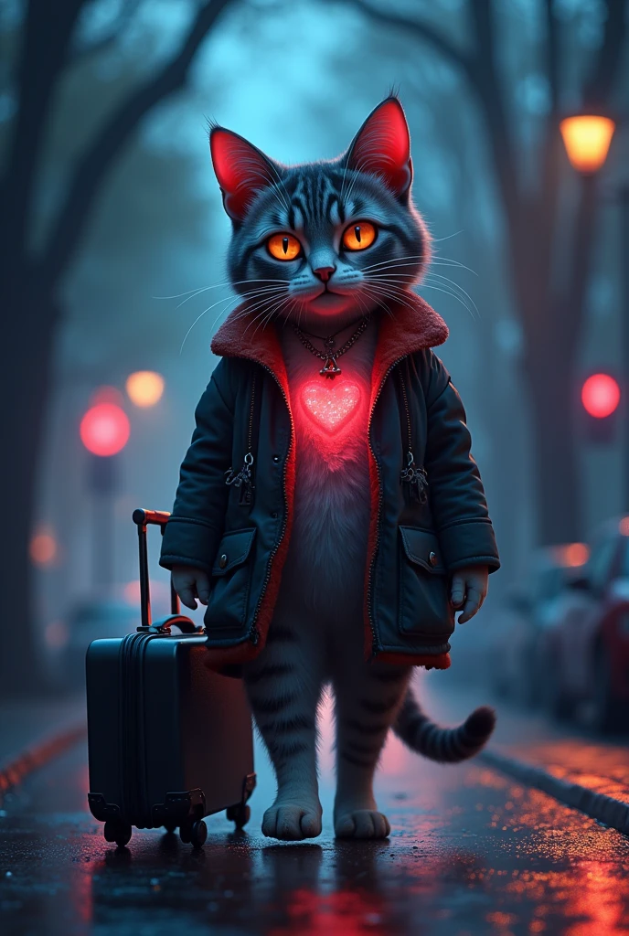 “Create an image of an anthropomorphic feline character, a cat with tears in its eyes, water from its eyes, gelatin stains on its chest, emotion feeling sad, very sad, holding its suitcase full of things, walking alone on the street, trees In low light Around him, the cat has a neon light effect.