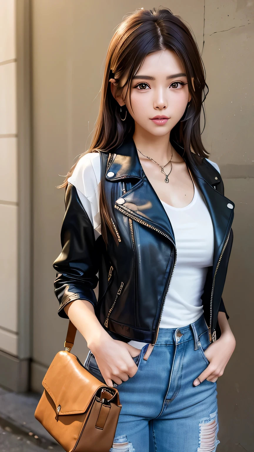 (masterpiece:1.2, Highest quality), 1 Female, alone, Upper Body, Big Breasts, A chic and edgy leather jacket、Style it with a classic white tee and distressed jeans.。With minimal makeup and a loose bun、Creates confidence and ease。 (Music festivals and trendy downtown neighborhoods) Eye-catching sunglasses and chunky jewelry, Comes with a convenient crossbody bag