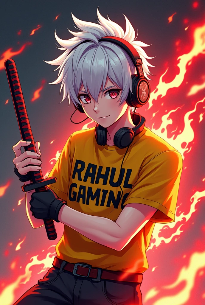 anime logo, 16 year old male, white hair wearing headphones, holding a katana with a red aura effect, wearing a yellow esports shirt, on the shirt there is the word “RAHUL GAMING” with flames burning
