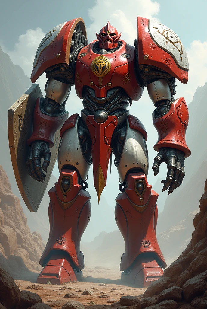 D&d red and white Warforged with shield