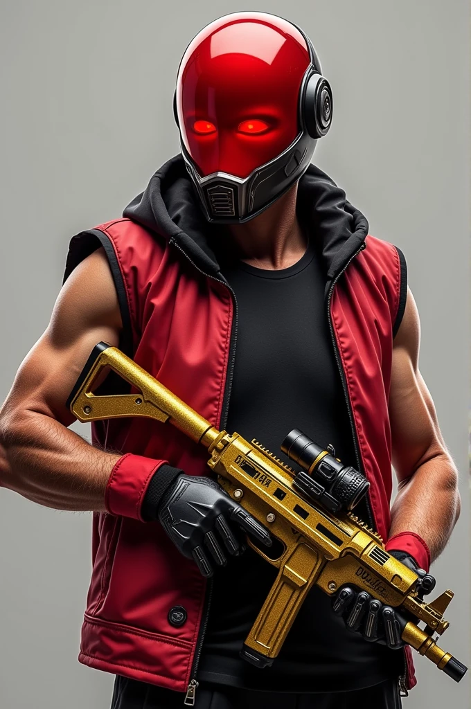 Ethan RoBOT Body, Blood Strike, Translucent Red Helmet with Crimson Red Light, P90 Submachine Gun Shiny Gold, Red sleeveless open jacket with black, Posing.