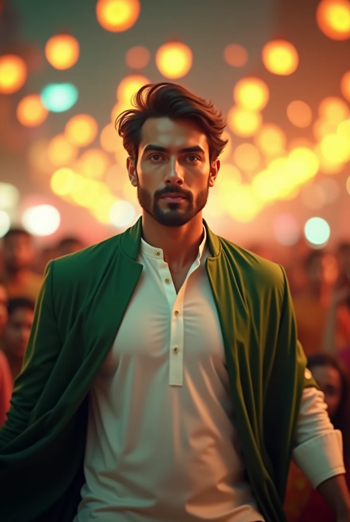 a handsome beautifull man,He is dressed in a outfit of white kurta shalwar and green coat or jacket or dupatta on shoulders,
, embodying the essence of "Jash e Azadi." The background with blur lights and celebrations representing the festive spirit of independence. ..