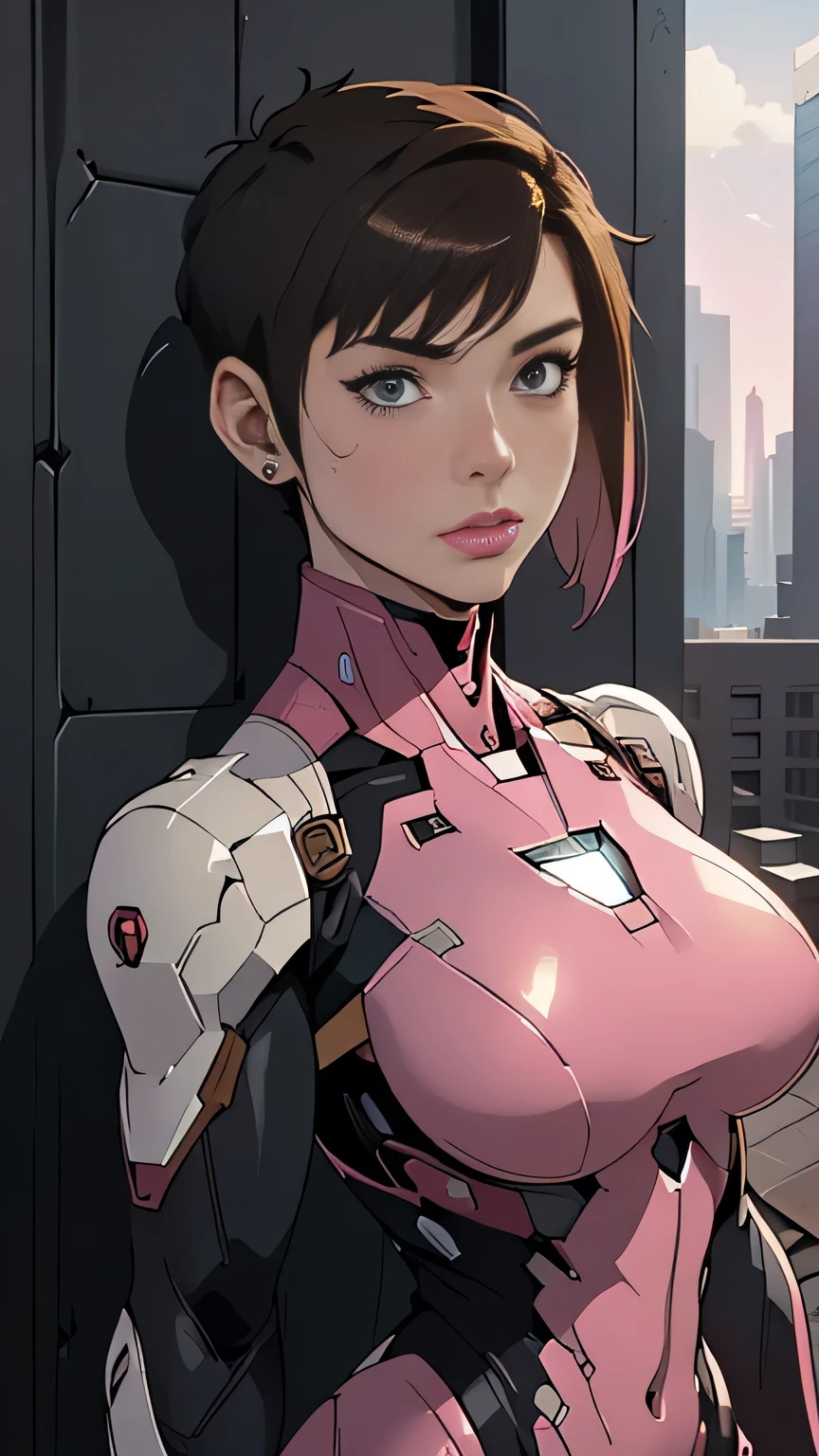 photo of mlp Meowko, RAW, beautiful woman, ((portrait)), ((detailed face:1.2)), ((anime face, anime facial feature, beautiful anime mouth, clear skin, clear skin), (short messy lesbian haircut, one shaved side, brunette: 1.55), (perfect proportioned body, Strong, muscular, narrow waist, narrow hips, skinny, large breasts), (wearing futuristic Iron Man plug suit, black white and pink color scheme, highly detailed) (high detailed city environment, rooftop, (realistic photo, best quality, detailed), (8k wallpaper), (cinematic lighting, beautiful light, (day:1.3)) (sharp focus, intricate)
