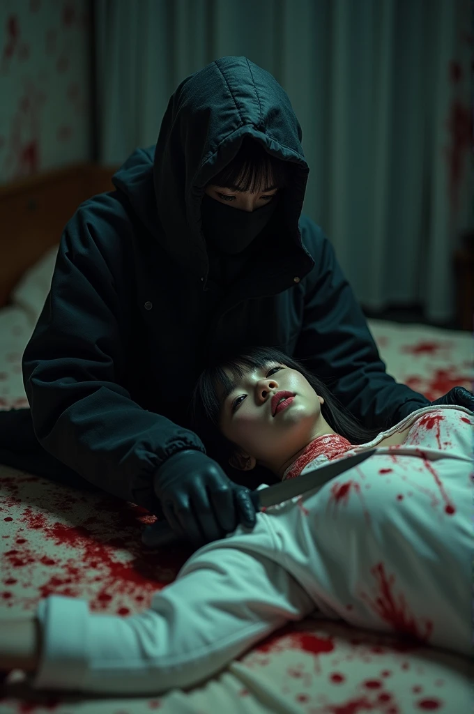 korean girl, (behind corpse, holding knife), balaclava, black gloves, room full of blood, black raincoat, hood up, holding knife, black gloves, woman on top, behind corpse, blood splatter, on the bed, mass murderer, killer, long bangs, blood splatter, dark atmosphere, cinematic lighting, atmospheric realistic, close-up,