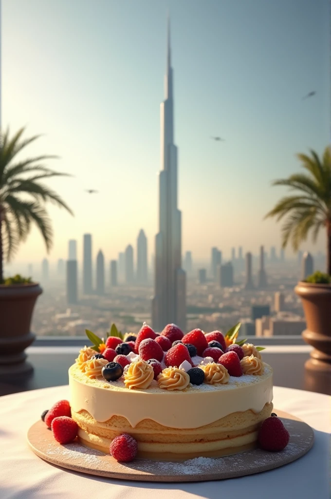Cake on table in front of burj Khalifa