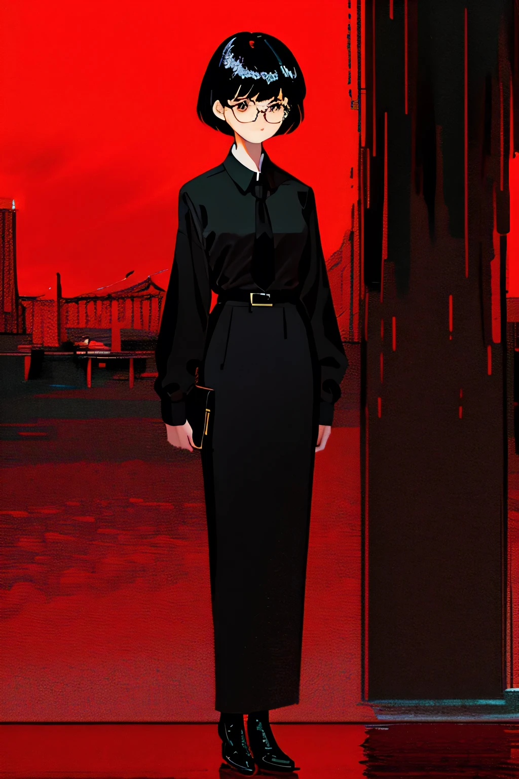 a 1girl, body complete, full body, ((very detailed)), a lot of details, very extremely beautiful, ((masterpiece, minimalism)), (short black hair), black necktie, (red shirt), Dark colors, looks into space, ((glasses)), ((impressionism))