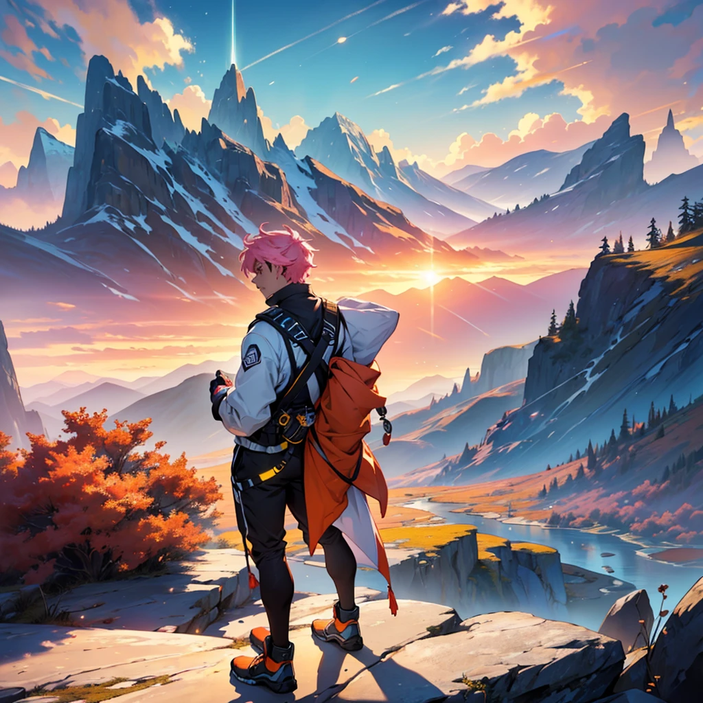 Create an inspiring and vibrant illustration titled 'Visualize to Achieve Success.' The image should depict a person standing at the edge of a cliff, gazing out at a breathtaking sunrise over a vast landscape filled with mountains and valleys. The sky should be painted in warm hues of orange, pink, and gold, symbolizing hope and new beginnings. Surround the person with ethereal, glowing symbols of success such as trophies, books, and pathways leading to various achievements. The overall mood should evoke feelings of determination, ambition, and the power of visualization in achieving one's dreams." Feel free to adjust any elements to better fit your vision!