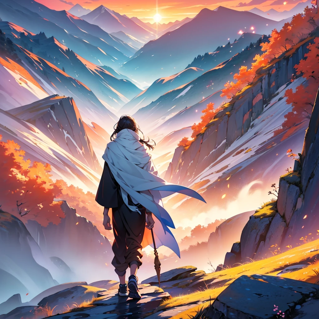 Create an inspiring and vibrant illustration titled 'Visualize to Achieve Success.' The image should depict a person standing at the edge of a cliff, gazing out at a breathtaking sunrise over a vast landscape filled with mountains and valleys. The sky should be painted in warm hues of orange, pink, and gold, symbolizing hope and new beginnings. Surround the person with ethereal, glowing symbols of success such as trophies, books, and pathways leading to various achievements. The overall mood should evoke feelings of determination, ambition, and the power of visualization in achieving one's dreams." Feel free to adjust any elements to better fit your vision!