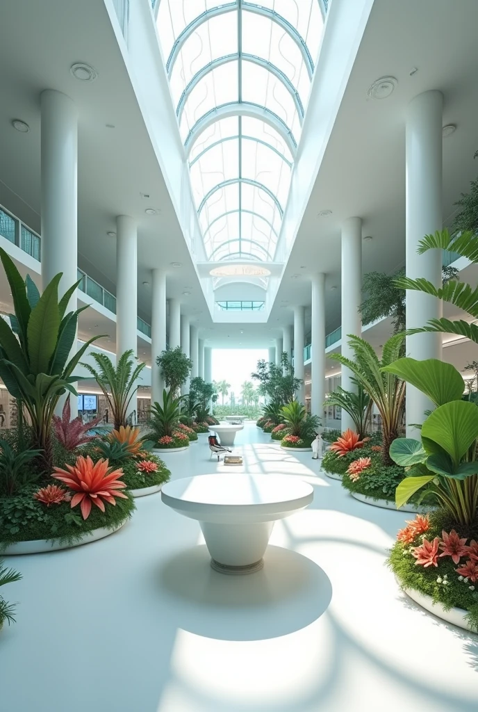 A science center of the future world.one part of the center should have exotic plants.in the center should be a white table and white chair