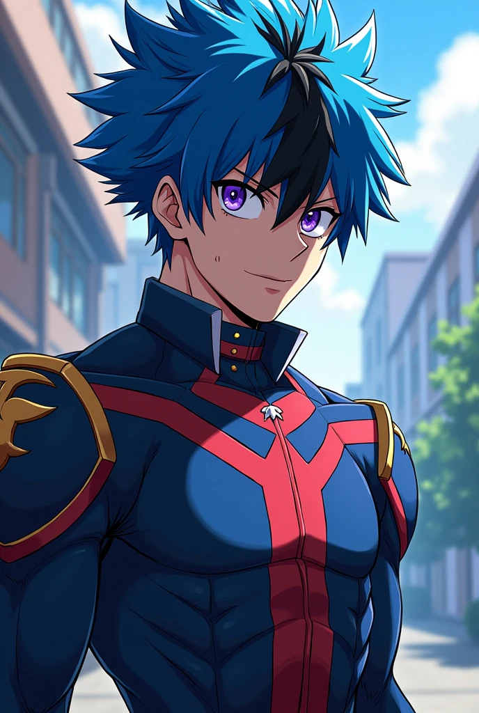 17 year old blue haired half dragon teenager boy,muscular,with a black streak in her hair,one eye white and the other dark purple,high,with Bakugo Katsuki's uniform,de my hero academy