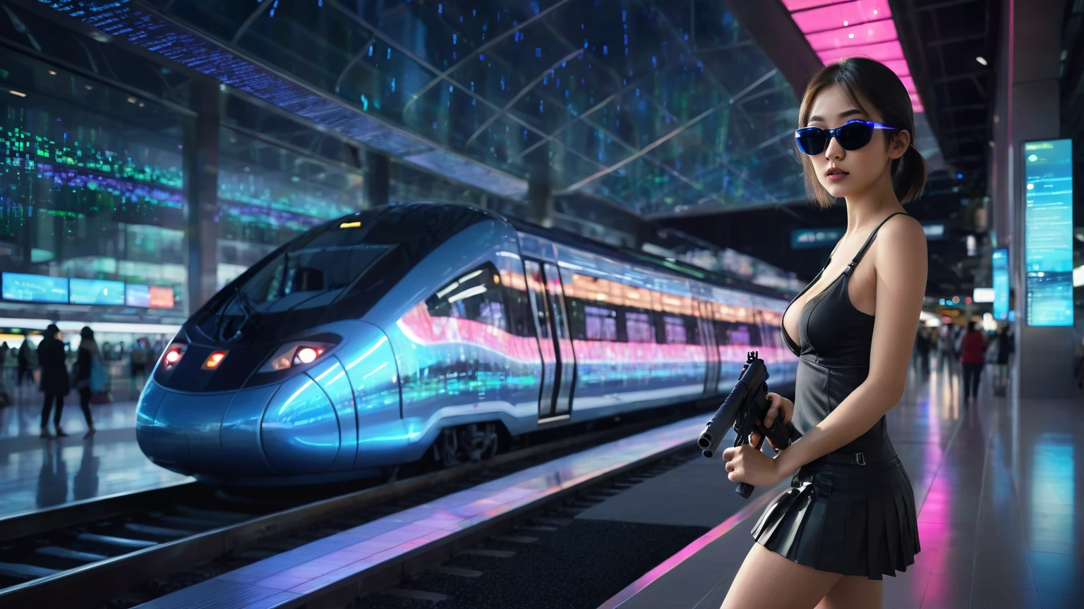 Estilo: arte conceitual. A cena: Futuristic railway station with colorful all-glass train. High-resolution OLED GUI interfaces in the building, The windows are filled with transparent data visualization infographics that show it all, from weather patterns to traffic flow, Matrix cascading code. Colors are saturated and vibrant. Adobe Photoshop zoom blur effect background. Matrix style, at night, (1girl, solo), photo realistic, medium-breast:1.3 slim body, cleavage, sling top, miniskirt, (matrix style black sunglasses, holding a short gun), half-body thigh level medium shot, cinematic lighting, ray tracing.