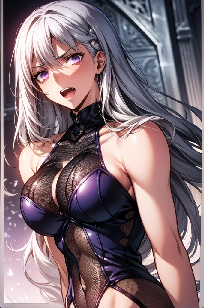 Masterpiece,Highest quality,8k,Ultra-high resolution,appropriate margins,Perfect hands,Perfect Fingers,Perfect human body,((Cowboy Shot)),BREAK,Bright expression,(1 person),(Most beautiful mature devil women),Slim body,((Big Breasts)),Moisturized Skin,Fair skin,BREAK,(Silver Hair),Long Hair,Braiding,Thin eyebrows,BREAK,Purple eyes,Light in the eyes,BREAK,Open your mouth a little,BREAK,((The Devil's Outfit,suit,Obscene lines)),BREAK,Glaring at the audience