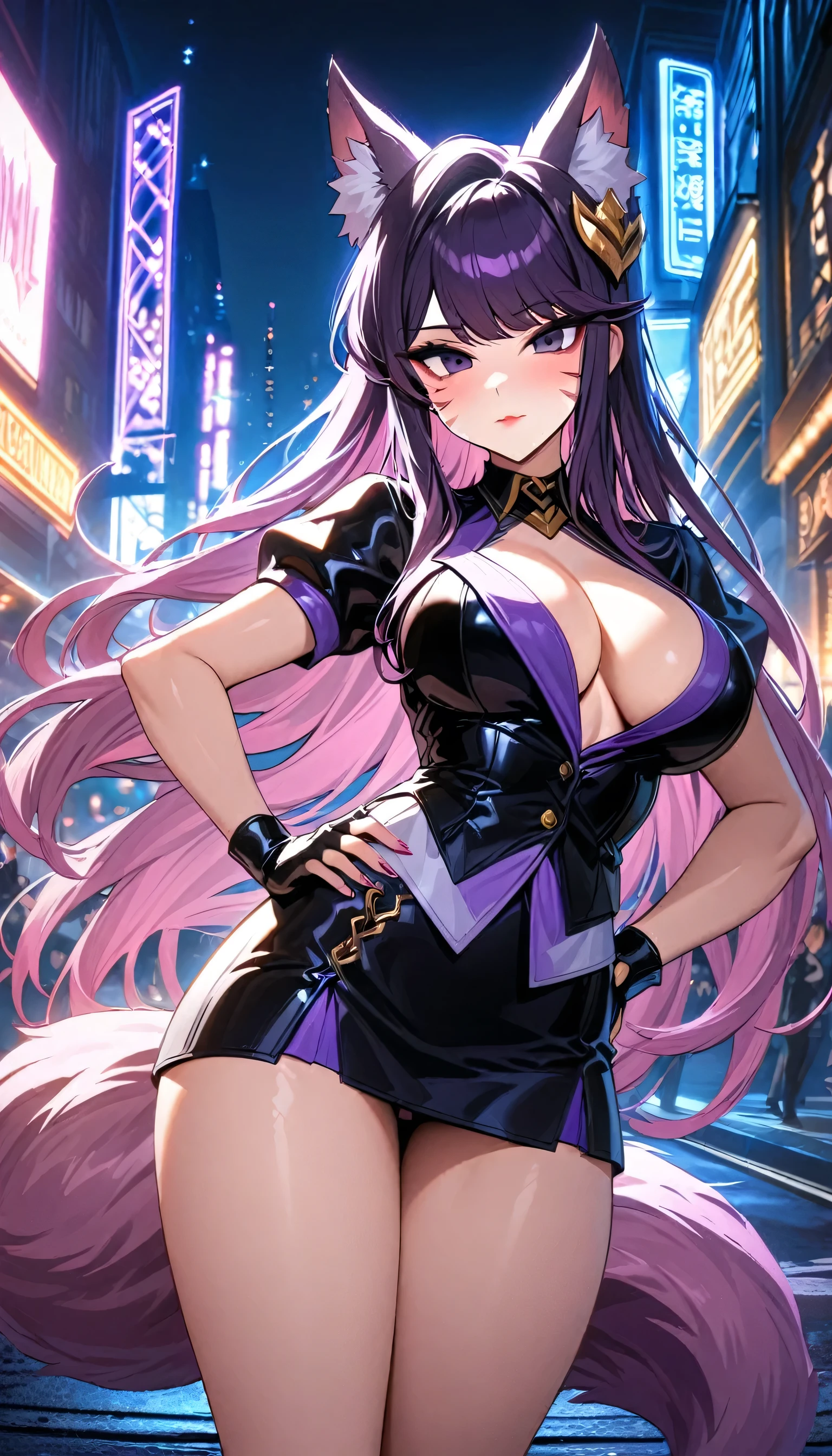 komi shouko, (komi shouko wearing a k/da all out ahri cosplay), ahri \(league of legends\), league of legends, 1girl, k/da (league of legends), animal ears, solo, fox ears, long hair, purple hair, hand on hip, purple eyes, idol, facial mark, looking at viewer, gloves, pink hair, fingerless gloves, whisker markings, large breasts, makeup, lips, skirt, hair ornament, perfect lighting, near a well-detailed black car, on a track in a large city at night (night scene:1.2), HDR, ultra resolution , very detailed, masterpiece, ultra quality, 4K HD