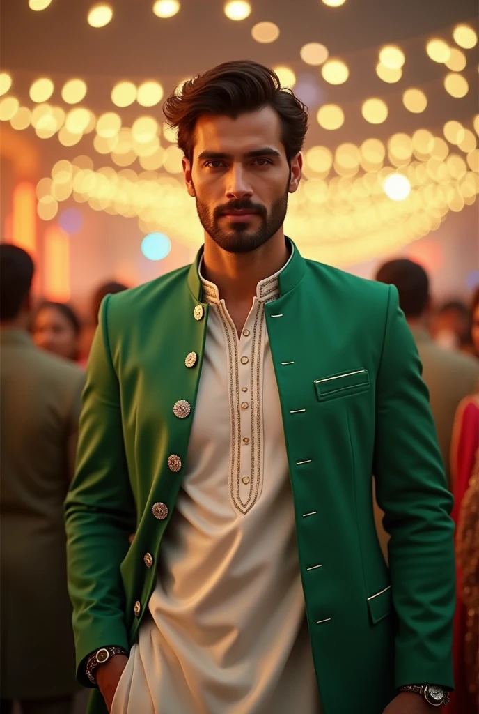 a handsome beautifull man,He is dressed in a outfit of white kurta shalwar and green coat or jacket or dupatta on shoulders,
, embodying the essence of "Jash e Azadi." The background with blur lights and celebrations representing the festive spirit of independence. ..