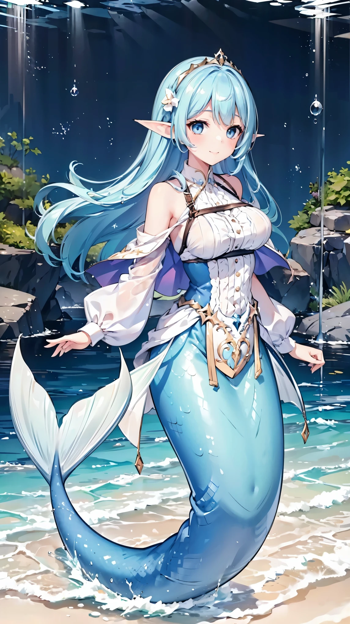 masterpiece, best quality,A girl,Blue Hair,White Dress,Ahog,blue eyes, Elf ears,Solitary,Large Breasts,Mermaid,蓝色的Mermaid尾巴,full-body shot,(In the water:1.2),charming face(Kawaii, charming,Soft),Looking at the audience,Smile