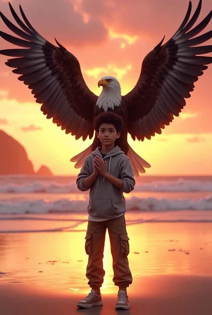 A 15 year old boy wearing a hoodie and cargo pants holding an eagle against a sunset beach background