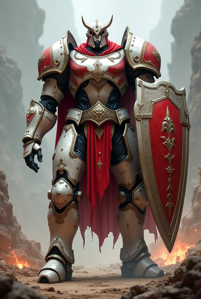 D&d red and white humanoide Warforged with shield