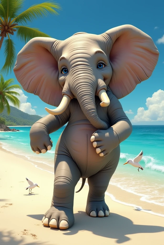 Make a female elephant with a funk style shaking her hips on a beach