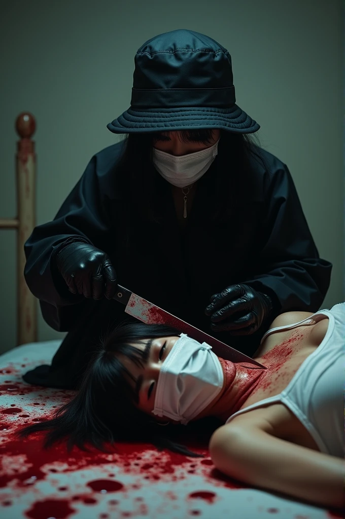 korean girl, (behind corpse, holding knife), surgical mask, black gloves, room full of blood, black raincoat, bucket hat, holding knife, black gloves, woman on top, behind corpse, blood splatter, on the bed, mass murderer, killer, long bangs, blood splatter, dark atmosphere, cinematic lighting, atmospheric realistic, close-up,