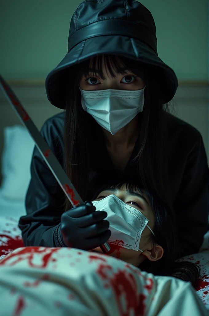 korean girl, (behind corpse, holding knife), surgical mask, black gloves, room full of blood, black raincoat, bucket hat, holding knife, black gloves, woman on top, behind corpse, blood splatter, on the bed, mass murderer, killer, long bangs, blood splatter, dark atmosphere, cinematic lighting, atmospheric realistic, close-up,