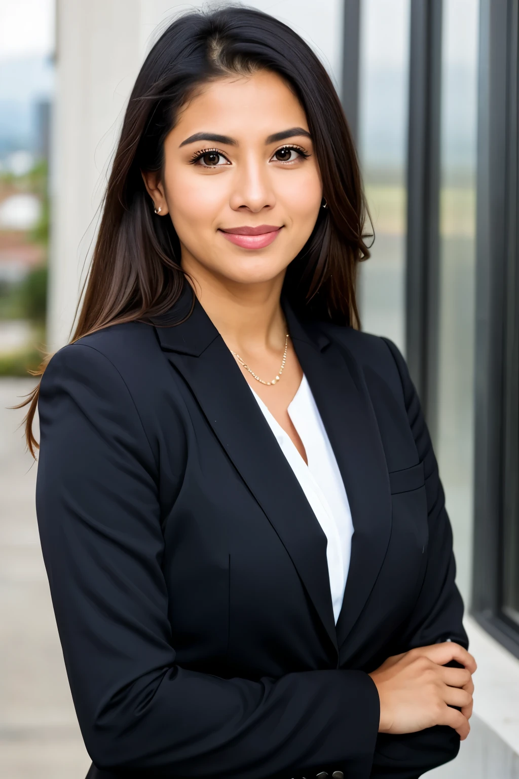 realistic portrait of an extremely beautiful Salvadorean woman wearing a business suit, realtor girl