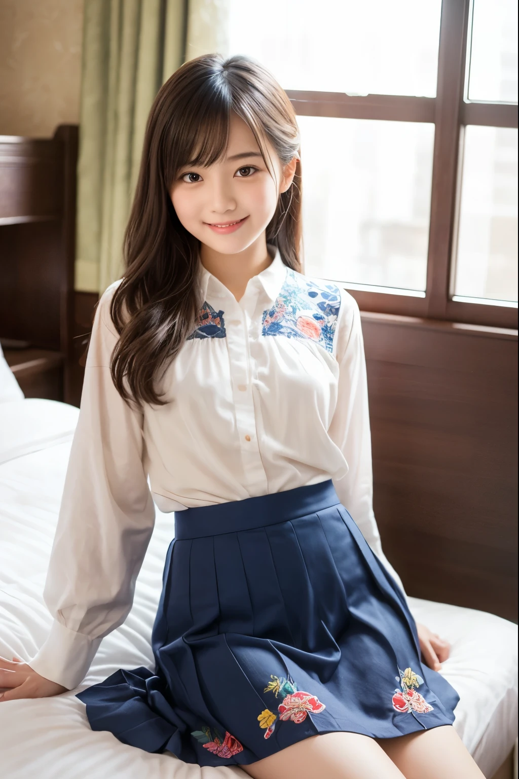 1 young girl,very cute and beautiful japanese teen actress,highly detailed beautiful face, looking at viewer,smile,solo,white blouse,kawaii navy blue skirt with intricate detailed floral embroidery,sitting on bed,spread legs, hotel room,real person,photorealistic