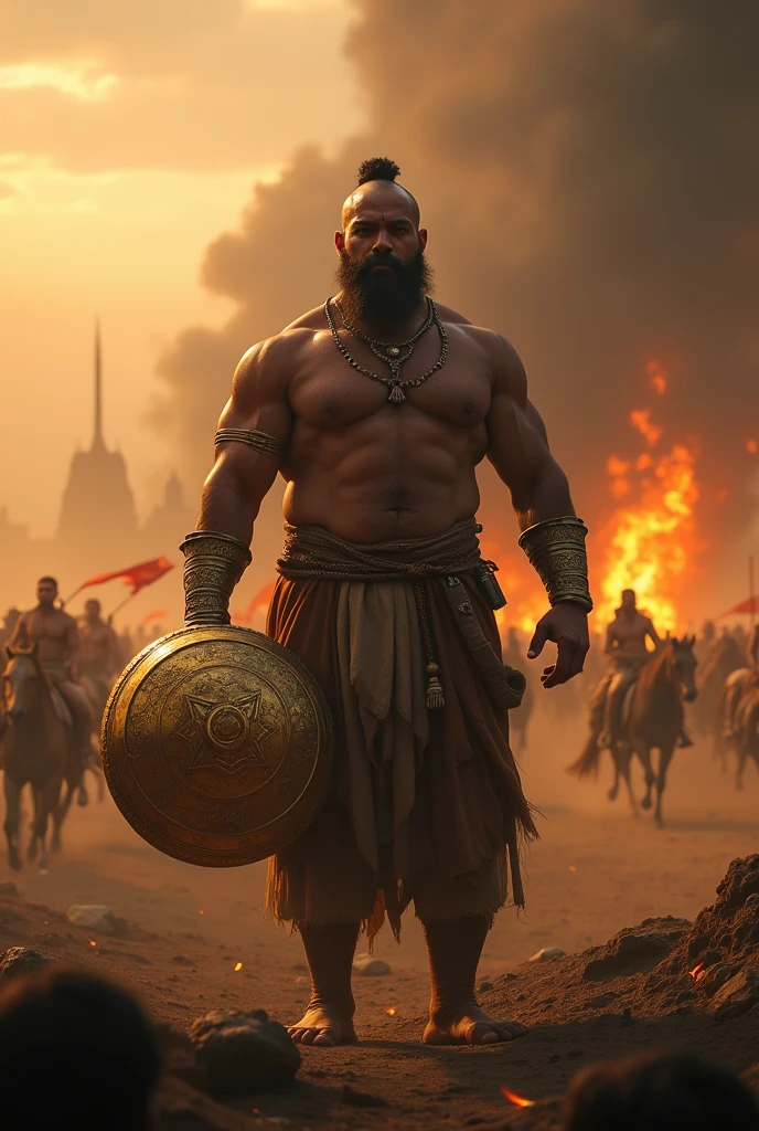 A bulky man, muscular Indian warrior named Bheema, Mahabharata, captured from a distance in an evening post-war scene, holding a huge round golden mallet, backlit by a foggy and burning ruins, (best quality,4k,8k,highres,masterpiece:1.2),ultra-detailed,(realistic,photorealistic,photo-realistic:1.37),dramatic lighting,cinematic composition,epic fantasy,detailed muscular body,intense expression,Mahabharata,battlefield,dramatic smoke and fog,warm color tones,dramatic atmospheric lighting, dead bodies fallen, bloody, chariots fallen, horses running in background, people fighting in background , clean shaved face