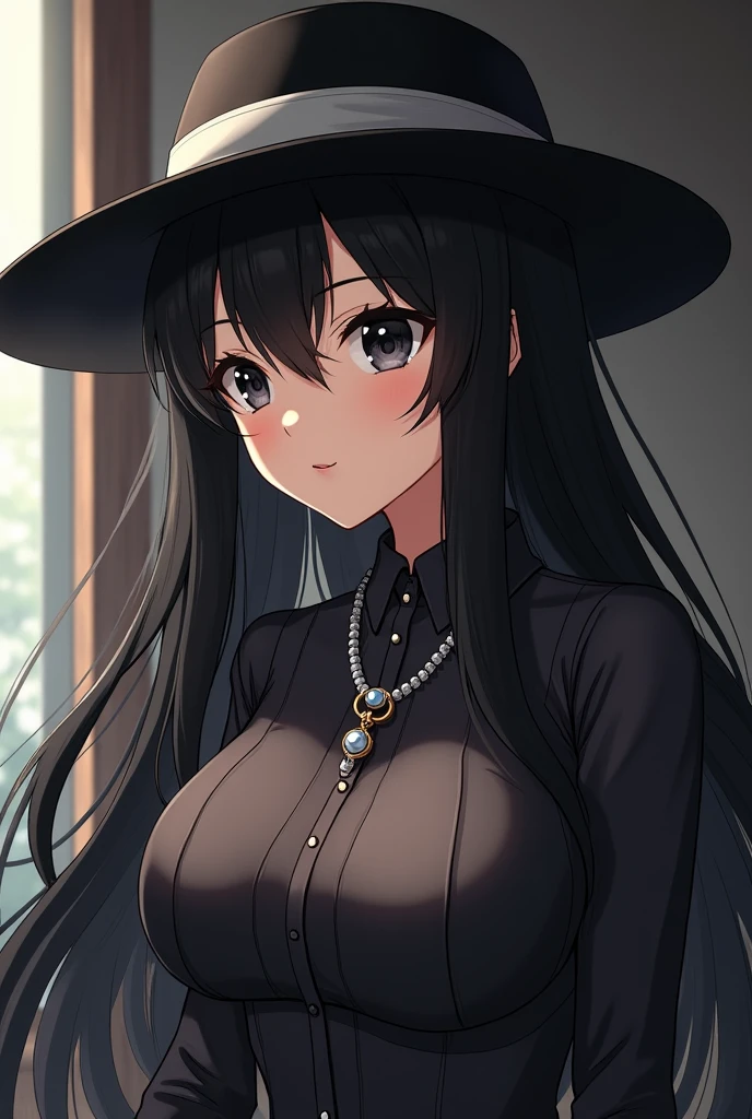 mature anime girl, old woman, normal breasts, big ass long black hair, eyes black, hair between the eyes, jewelly, long sleeves, black hat, short dress, guy catching her by surprise while she was on all fours and a man put a dick in her pussy, sex +18 sex porn