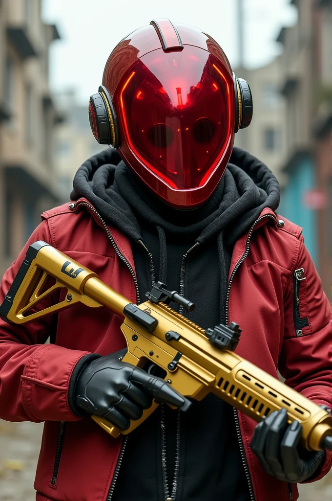 Ethan Robot, Blood Strike, Translucent Red Helmet with Crimson Red Light, P90 Submachine Gun Shiny Gold, Red sleeveless open jacket with black, Posing, apocalyptic background.