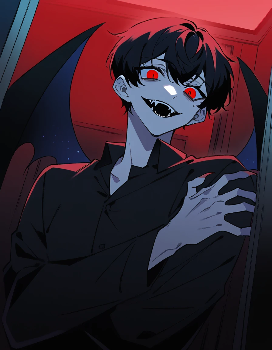 boy, vampyre, light gray skin, fluorescent red eyes, sharp fangs, malicious smile, look bad, mole below the right eye, big strip, short black hair, mini black wings on the head, All black outfit with long sleeves and the inside of the sleeve is red, sharp fingernails. He is in a simple, poorly lit room., your arms seem to be wrapped around your own wings, as if hiding it, your smile is scary, in front of him is the bed and behind him is an open door to the lighted bathroom. Dark room with door lit by bathroom, window with open curtain next to the character, starry night outside. The character is near the bed. Bedroom bad ilumined. Close-up. FULL HD image. 