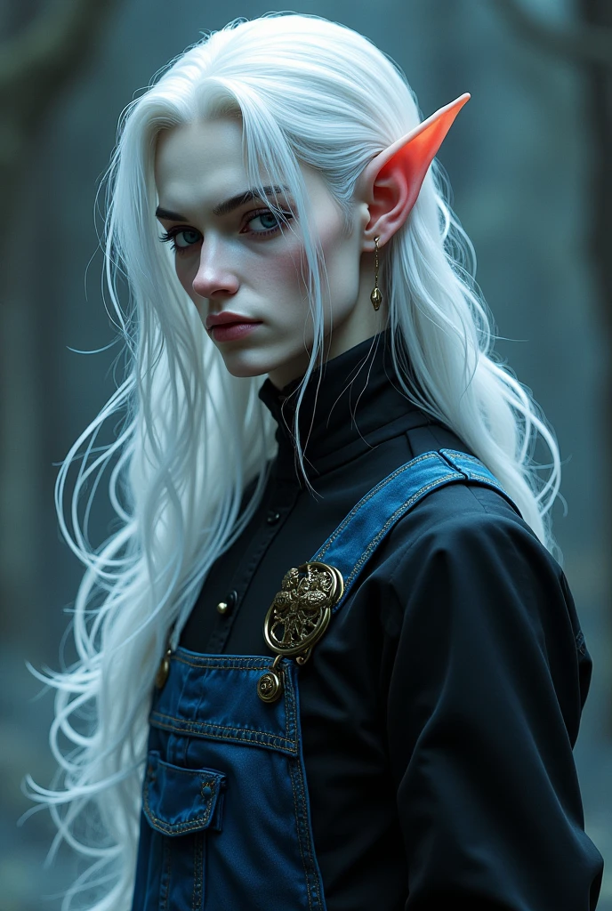 A pale skinned male vampire, bonitas, with long, platinum hair, elf hybrid with black and blue overalls