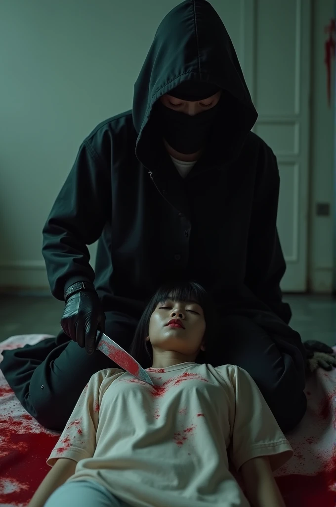 korean girl, (behind corpse, holding knife), balaclava, black gloves, room full of blood, black raincoat, hood up, holding knife, black gloves, woman on top, behind corpse, blood splatter, on the bed, mass murderer, killer, long bangs, blood splatter, dark atmosphere, cinematic lighting, atmospheric realistic, close-up,