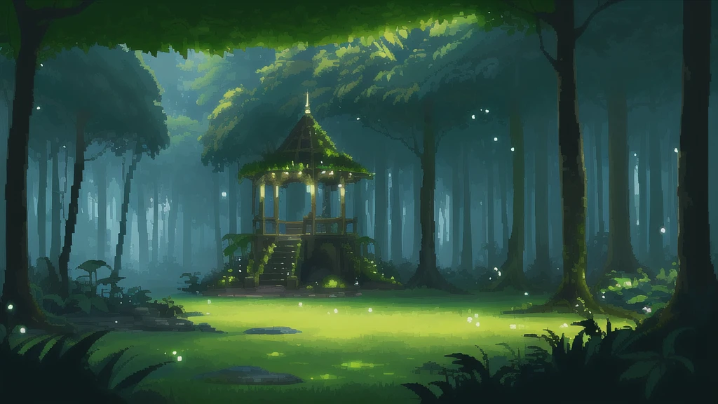 (top quality, high quality, highly detailed, masterpiece), pixel art background of a magical jungle clearing for a 2D game. The scene should feature a small, open area surrounded by ancient, pixelated trees with thick roots and hanging vines. In the center, add a natural stone altar covered in glowing moss, emitting a faint, mysterious light. Include small, animated pixel elements like twinkling fireflies and soft beams of moonlight filtering through the pixelated canopy. The overall vibe should be tranquil yet full of hidden secrets, with a color palette of deep greens, soft blues, and golden light.