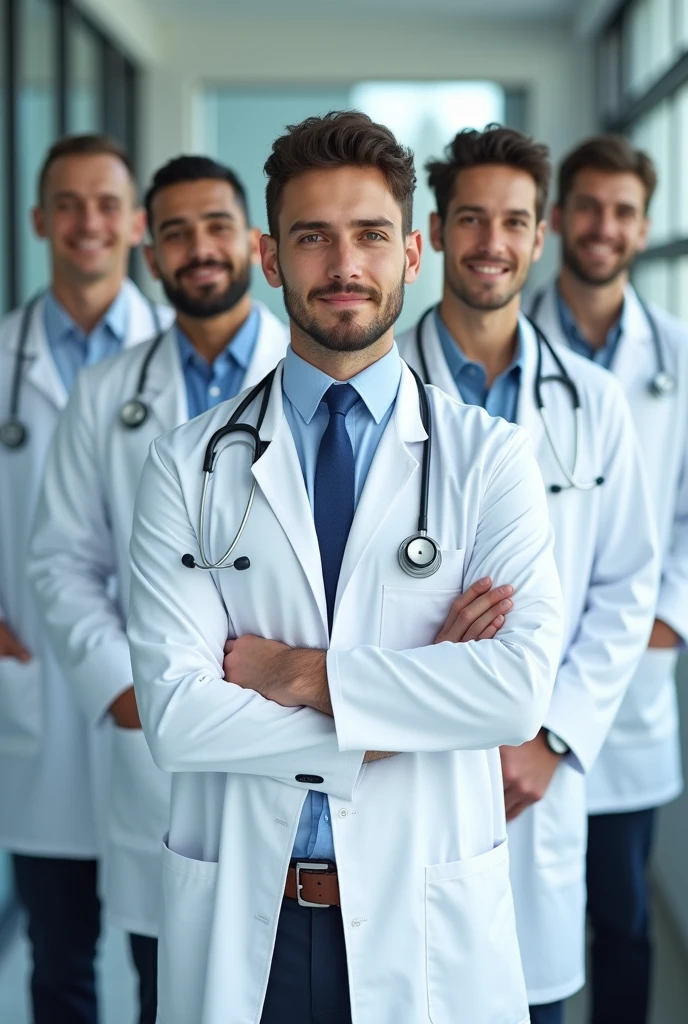 Create a Young mans not woman Doctors group photo with stethoscope 