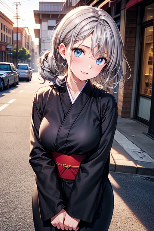 #Basics A girl is posing for a photo, (((One Girl))), (((Baby Face:1.4)) + ((cute:1.4)) + ((15 years old))), 
break 

#Clothing Accessories 
((Black yukata)) : ((Long hem)) + ((Morning glory embroidery)) + ((Long sleeve)) + ((Wide sleeves)) + (Have a fan), 
(Blue hoop earrings), 
break 

#Features 
((Silver Hair:1.2)) + ((Center-parted bangs:1.2 + Very long side bangs)) + ((Low Ponytail : Short Hair + Curly hair + Braided Hair)), 
((Droopy eyes:1.4, Big eyes:1.2), blue eyes), (Small breasts:0.8), (Neutral facial features), 
break 

#background environment 
((evening, A sidewalk in a downtown area illuminated by the setting sun + street vendors)), 
#Facial Expression Pose  
(smile, blush), (Standing pose with arms extended forward at chest height), 
#composition 
(Look into the camera), ((Character Focus), (Angle from the front), (Cowboy Shot)), 
break 

#Body parts elements 
(Slim figure), 
(Symmetrical facial features), 
(Detailed Hair, Beautiful Hair, Shiny Hair), 
(double eyelid, Long eyelashes, Thin eyebrows:0.5, Thin eyebrows:0.5), 
(Expression of fine eyes, Beautiful and delicate eyes, Sparkling eyes, Eye Reflexes, Glitter Eyeliner), 
(Human Ear), 
(Beautiful Nose, Thin Nose), 
(Glossy Lips, Beautiful Lips, Thick lips), 
(Detailed skin, Textured skin, Beautiful Skin, Oily skin), 
break 

#Quality Image Quality Common 
(((Highest quality)), ((masterpiece:1.3)), ((Very detailed))), ((Ultra-high resolution)), ((16K, 1080P)), ((Full HD)), 
(Anatomically correct), (Realistic), (3DCG), (Oil painting), 
((comics, anime)), (CG illustration), (RAW Photos), 
